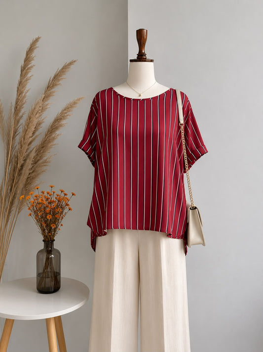 Wine Red Vertical Striped Short-Sleeve Boatneck Top