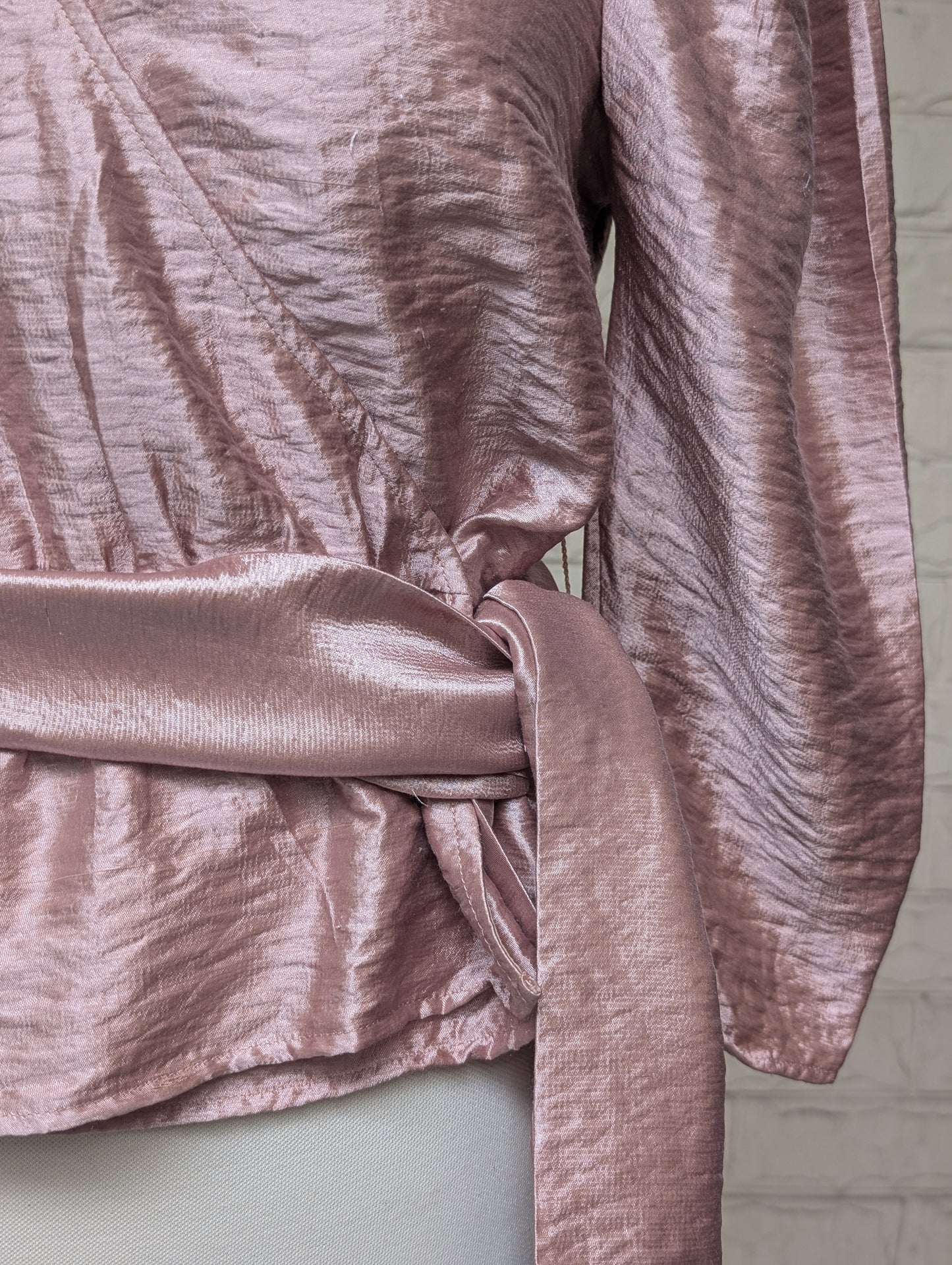 Dusty Rose Shimmer Puff-Sleeve Wrap Top