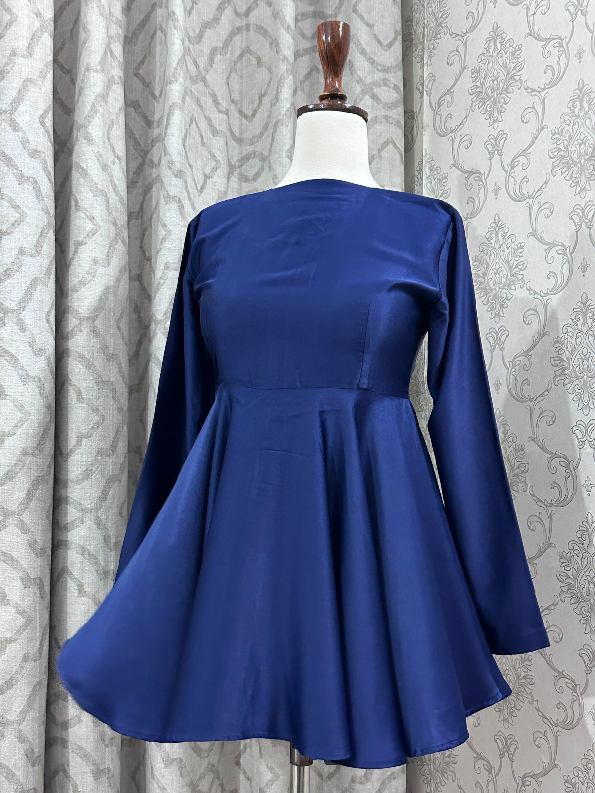 Navy Blue Satin Peplum – Fitted Long Sleeve Crew Neck Top