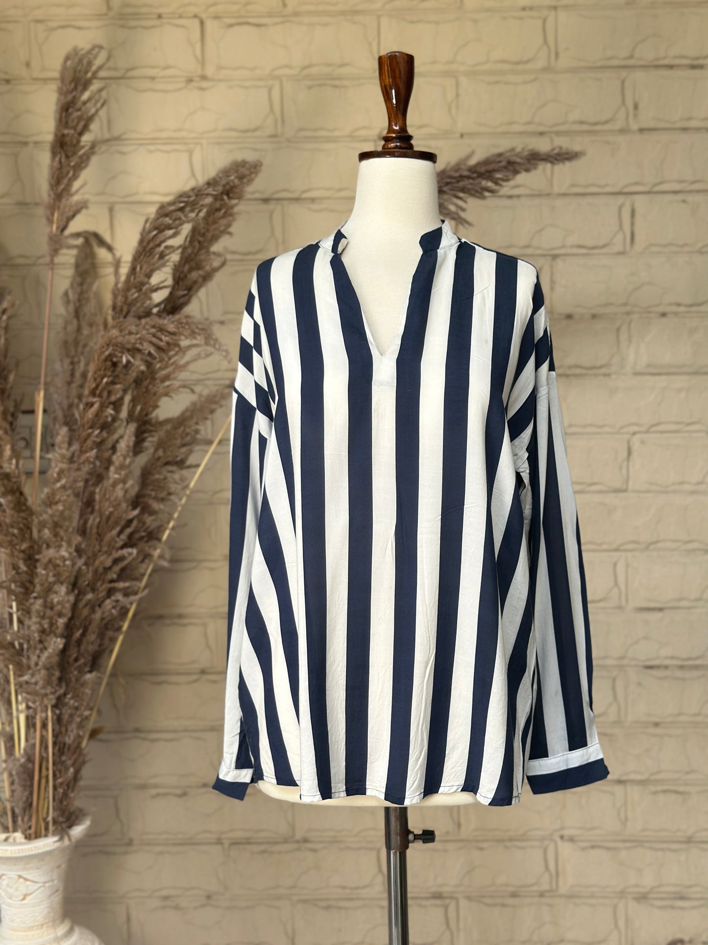 Navy & Cream Wide-Stripe Split-Neck Top