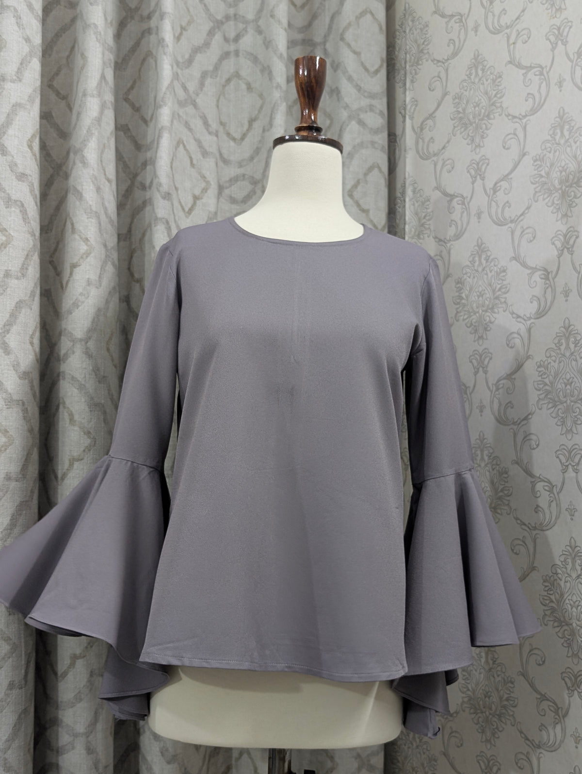 Slate Gray Bell Sleeve Blouse with Flared Cuffs