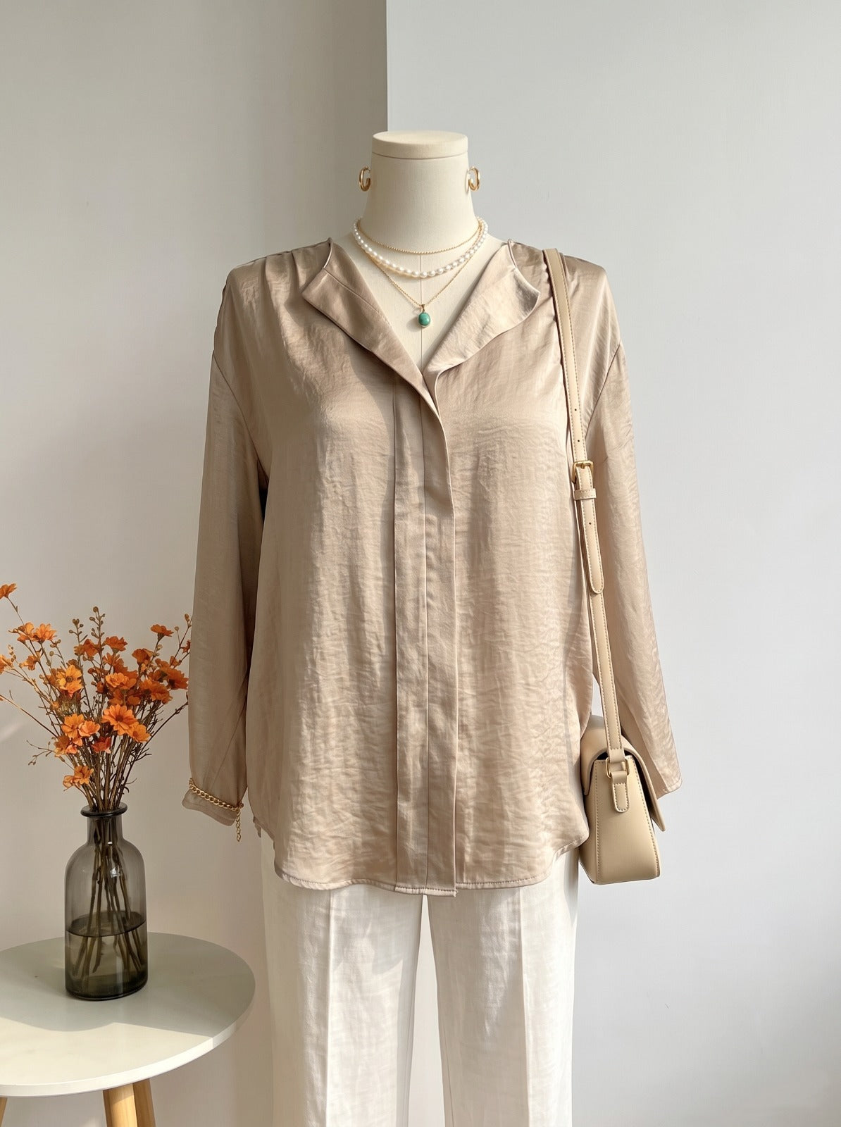 Champagne Beige Satin Open-Collar Long-Sleeve Blouse