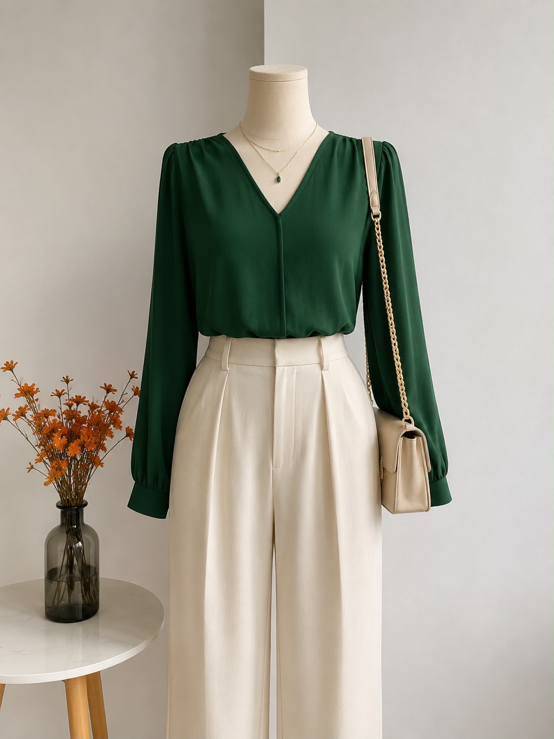 Forest Green Concealed Placket Long-Sleeve Top