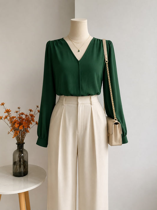 Forest Green Concealed Placket Long-Sleeve Top