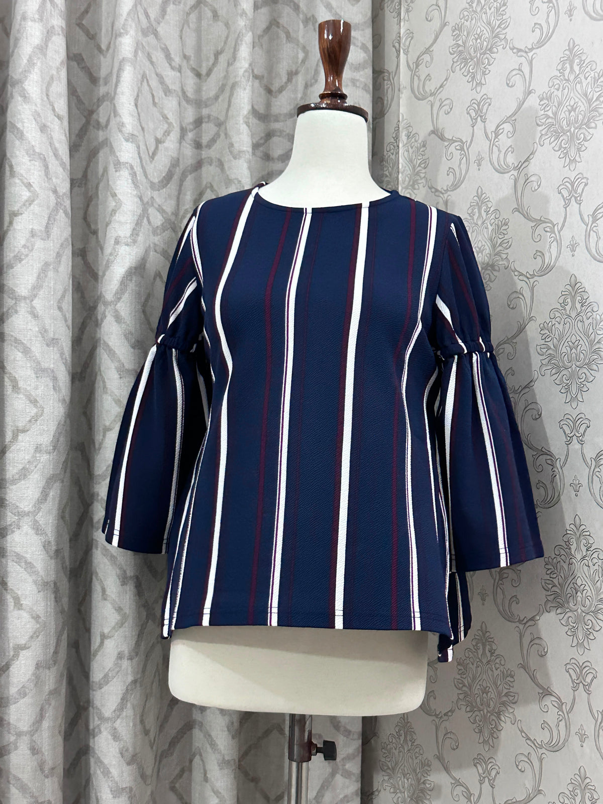 Navy Blue Vertical Striped Blouse – 3/4 Bell Sleeve Crewneck Top