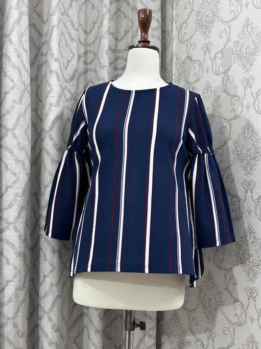 Navy Blue Vertical Striped Blouse – 3/4 Bell Sleeve Crewneck Top