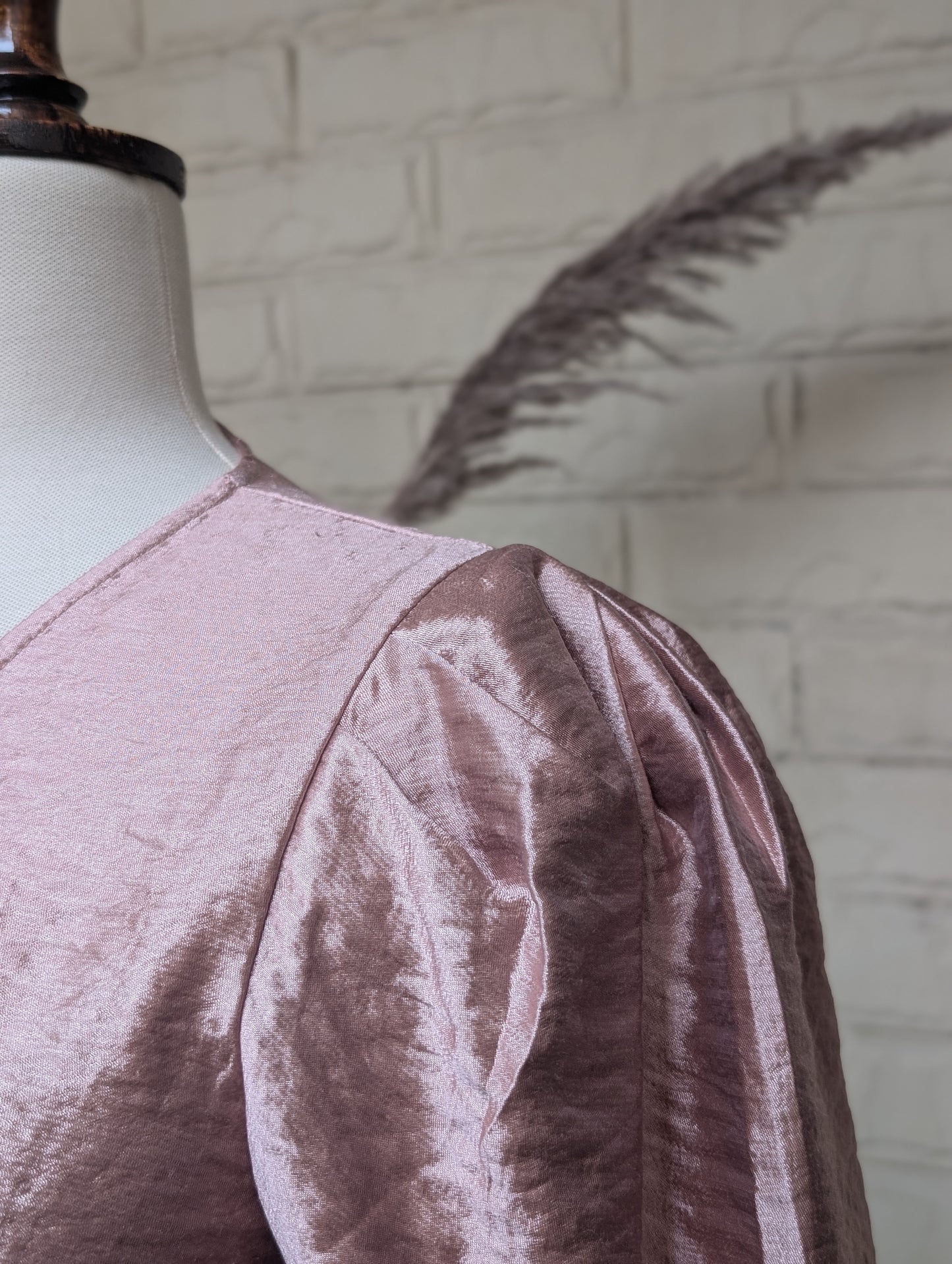 Dusty Rose Shimmer Puff-Sleeve Wrap Top