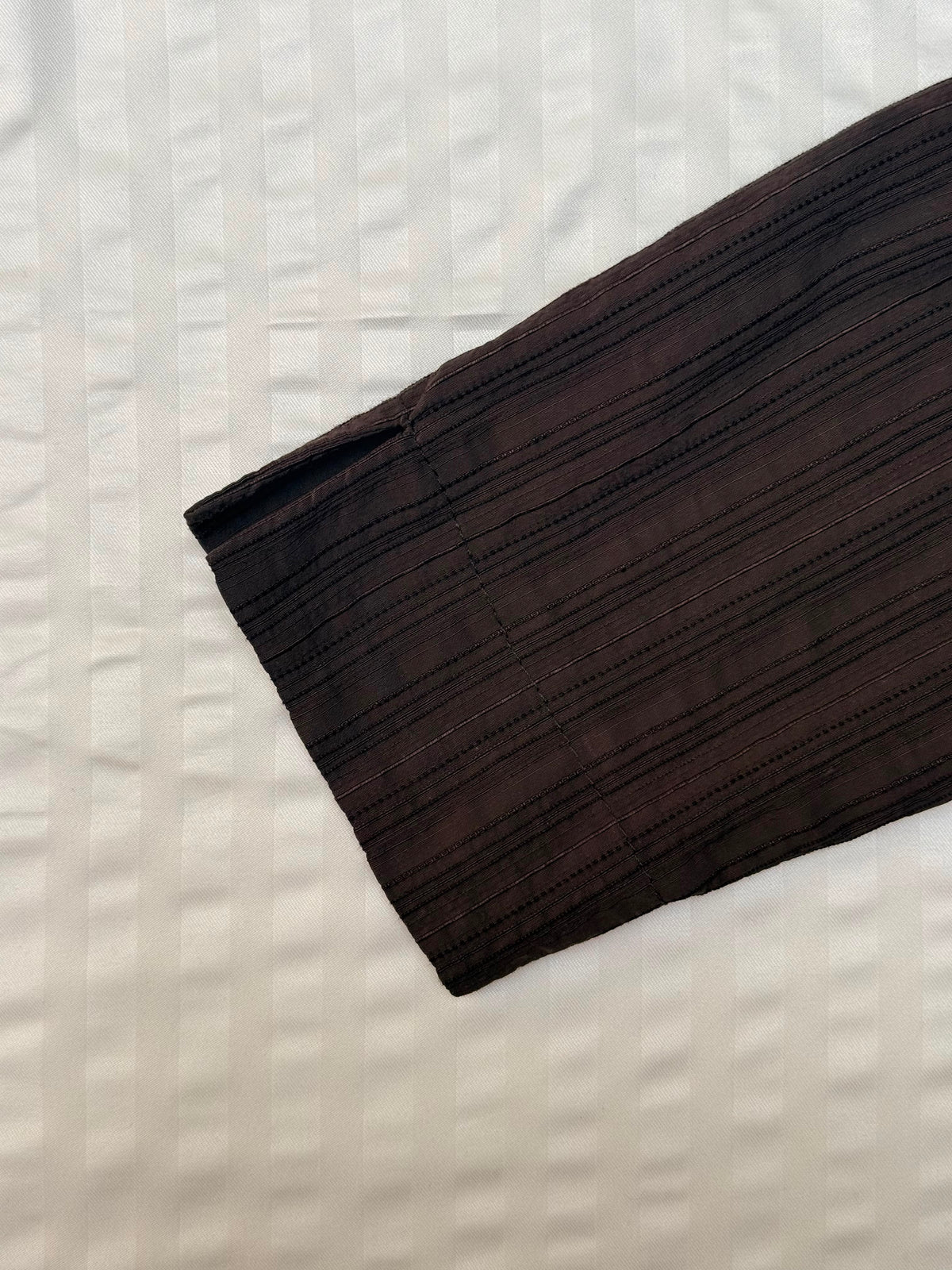 Dark Brown Textured Vertical Striped Long-Sleeve Button-Up Shirt with Flap Pockets