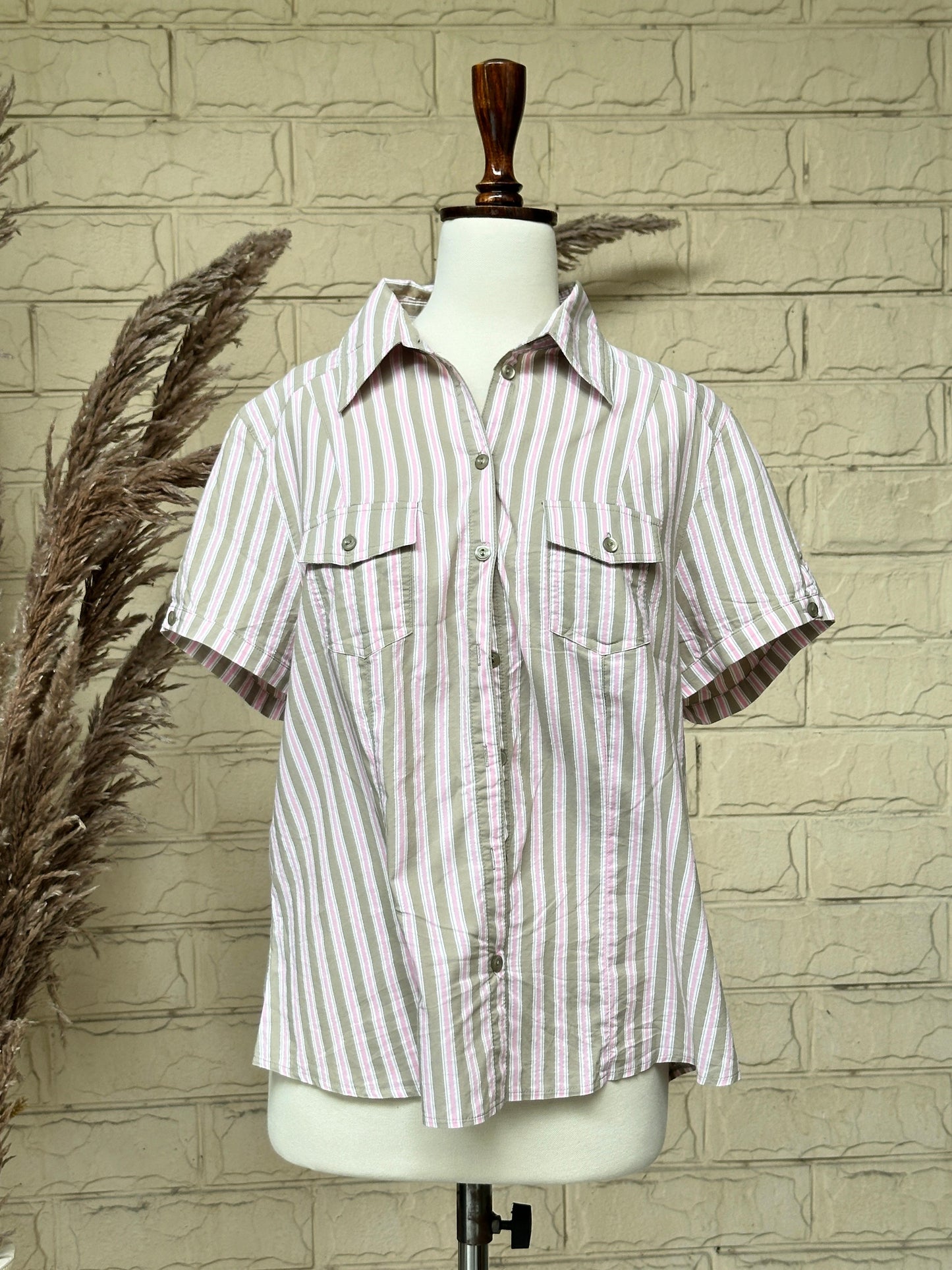 Beige Vertical Stripe Safari-Style Short-Sleeve Blouse