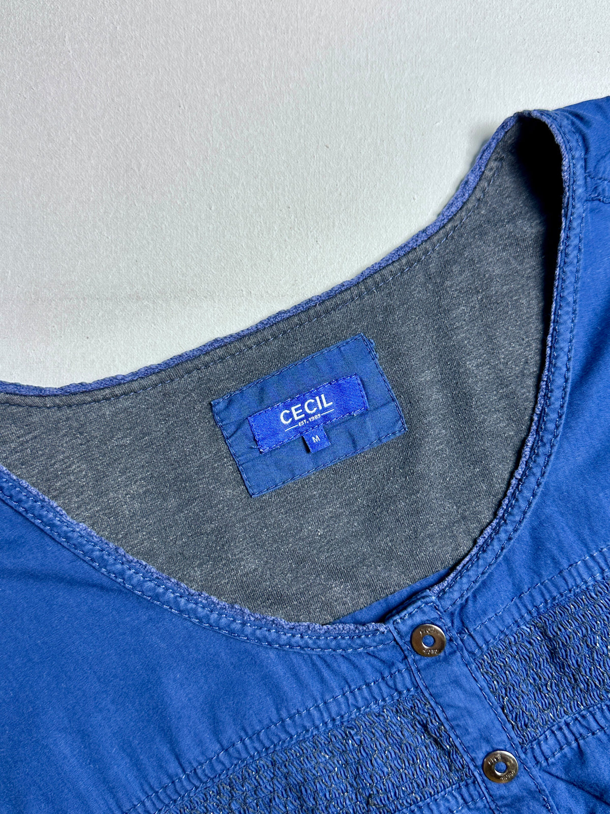 Royal Blue Long Sleeve Henley Top – Smocked Yoke Elastic Hem