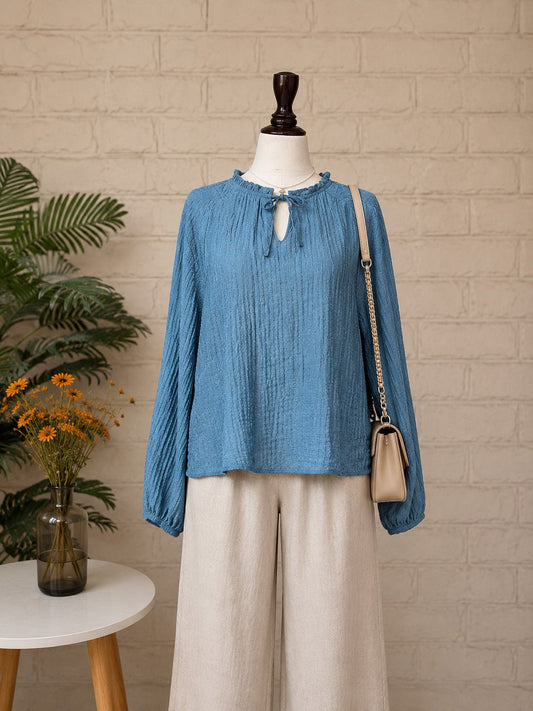 Dusty Blue Gauze Tie-Neck Relaxed Peasant Top