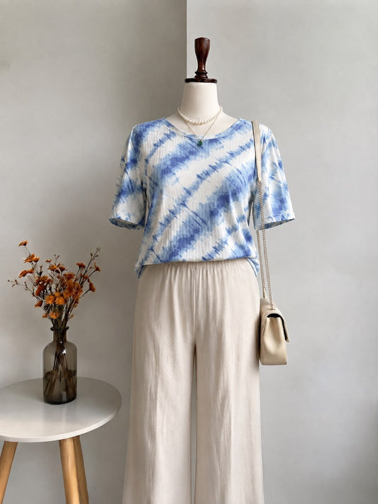 Blue and White Diagonal Tie-Dye Ribbed Short-Sleeve Top