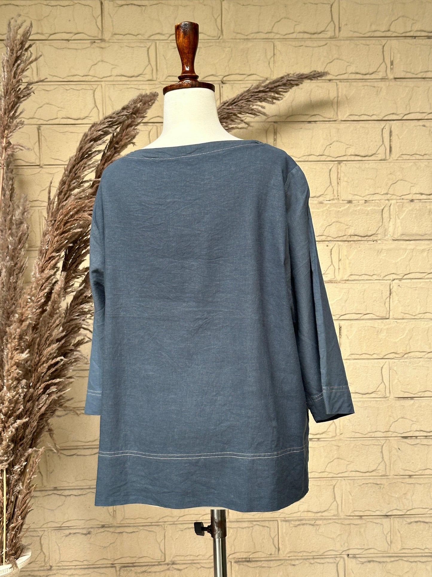 Slate Blue Linen-Blend Boatneck Top with Contrast Stitching