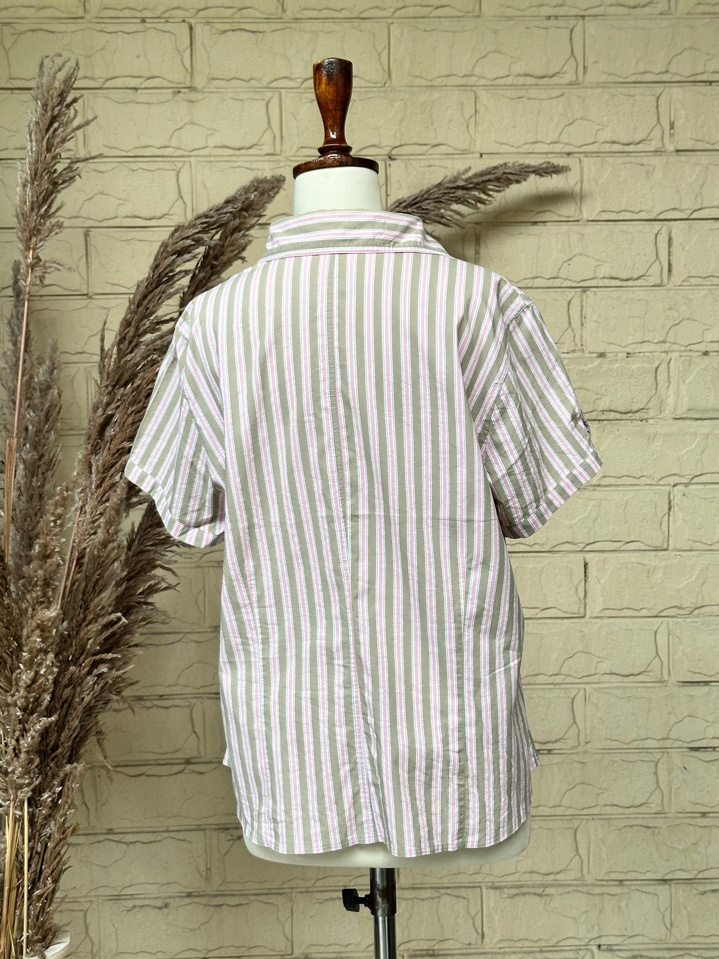 Beige Vertical Stripe Safari-Style Short-Sleeve Blouse