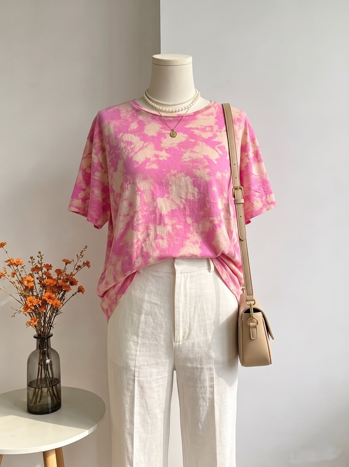 Bubblegum Pink Bleach-Wash Crewneck Tee