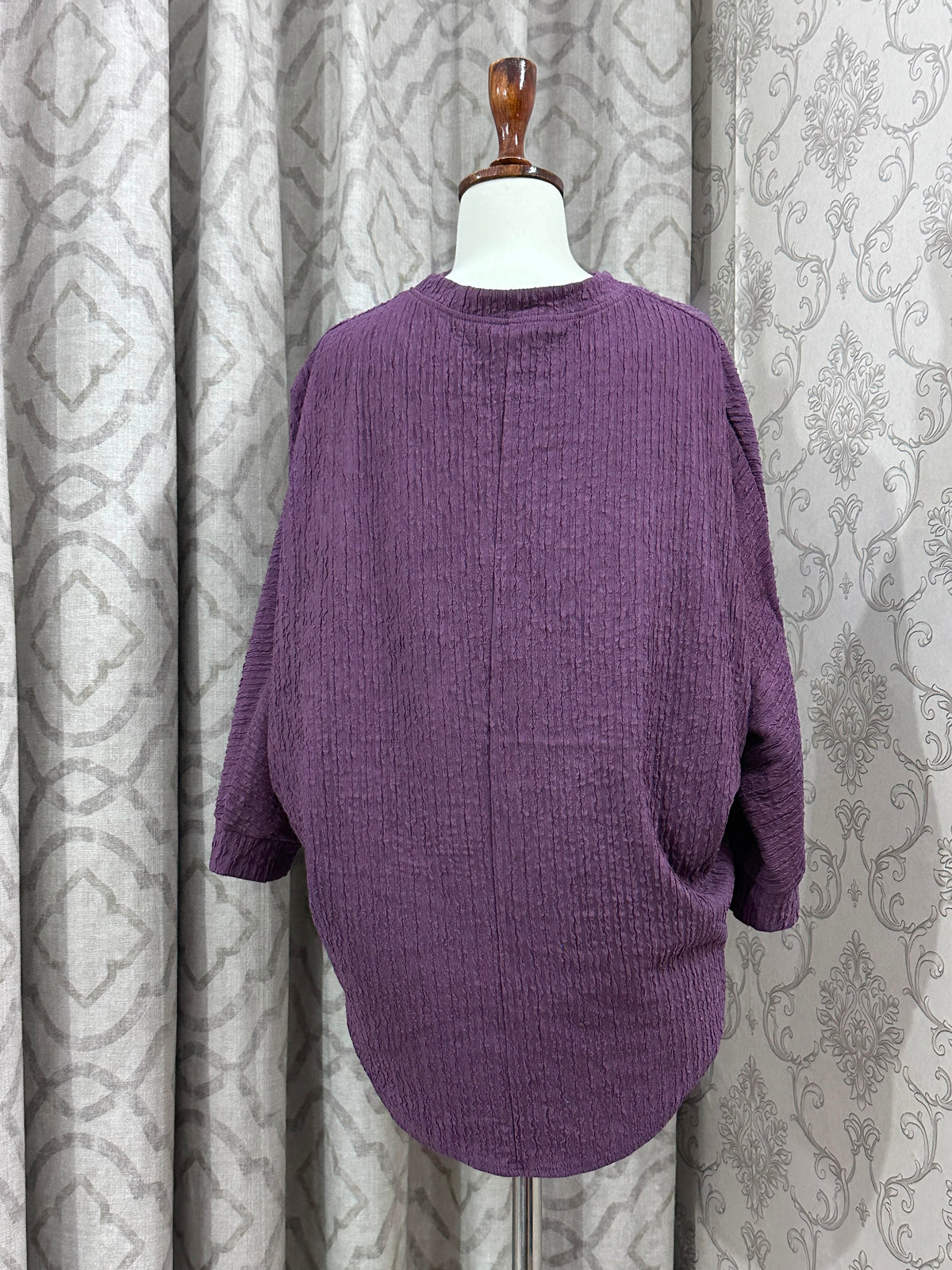 Deep Purple Crinkle Fabric Top – 3/4 Sleeve High-Low Loose Fit Blouse