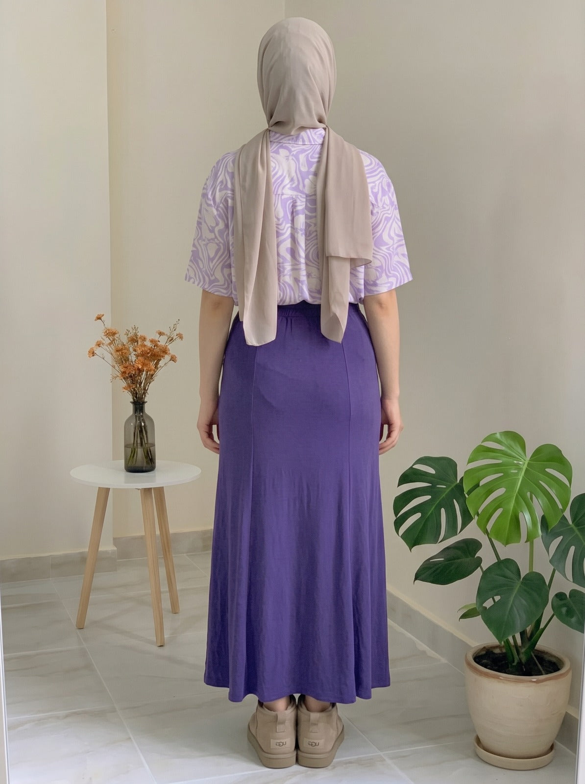 Deep Purple Elastic Waist Long Skirt
