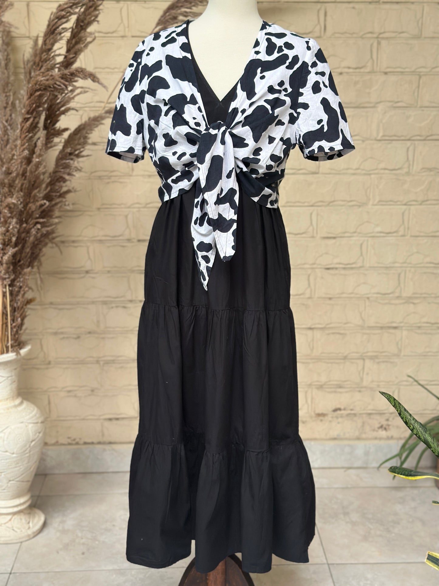 Monochrome Cow Print Front-Knot Top & Black Layered Dress Combo