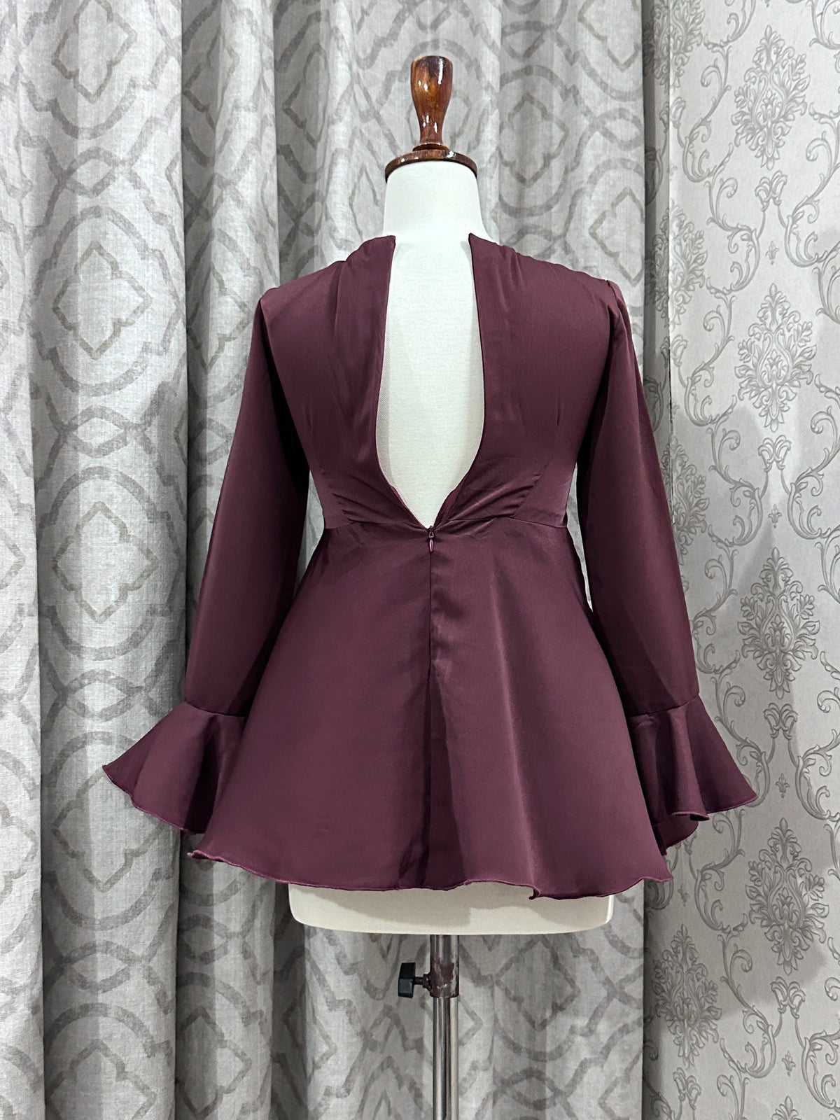 Brown Satin Peplum Top – Elegant Flared Hem Blouse with Bell Cuffs