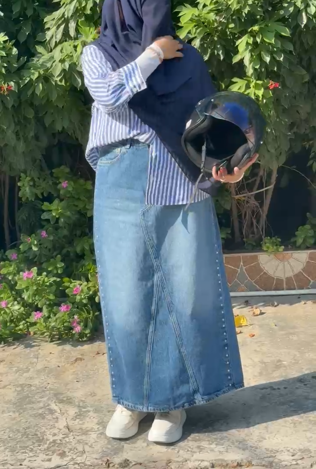 Classic Blue Denim Maxi Skirt with Studded Side Trim & Back Slit