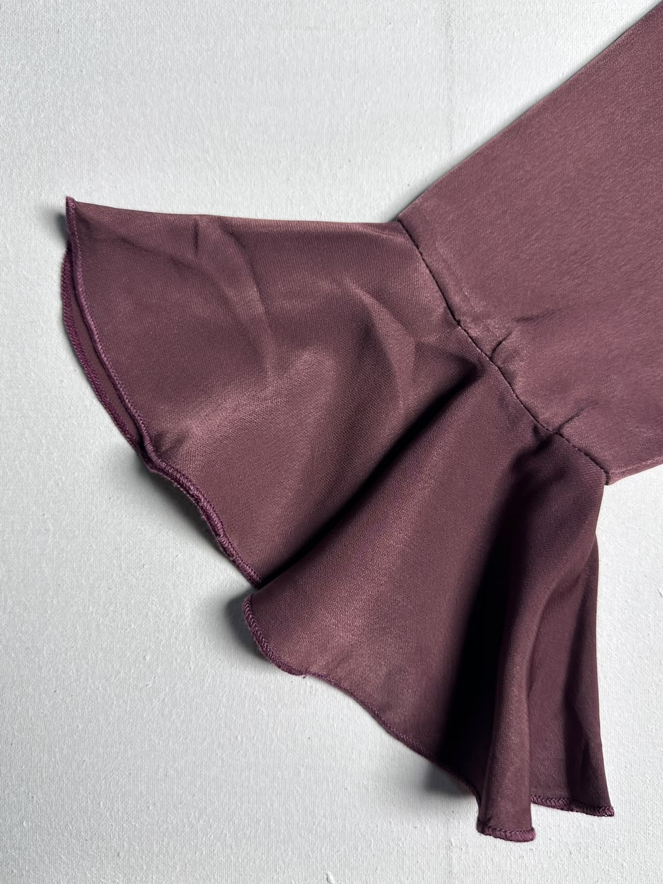 Brown Satin Peplum Top – Elegant Flared Hem Blouse with Bell Cuffs