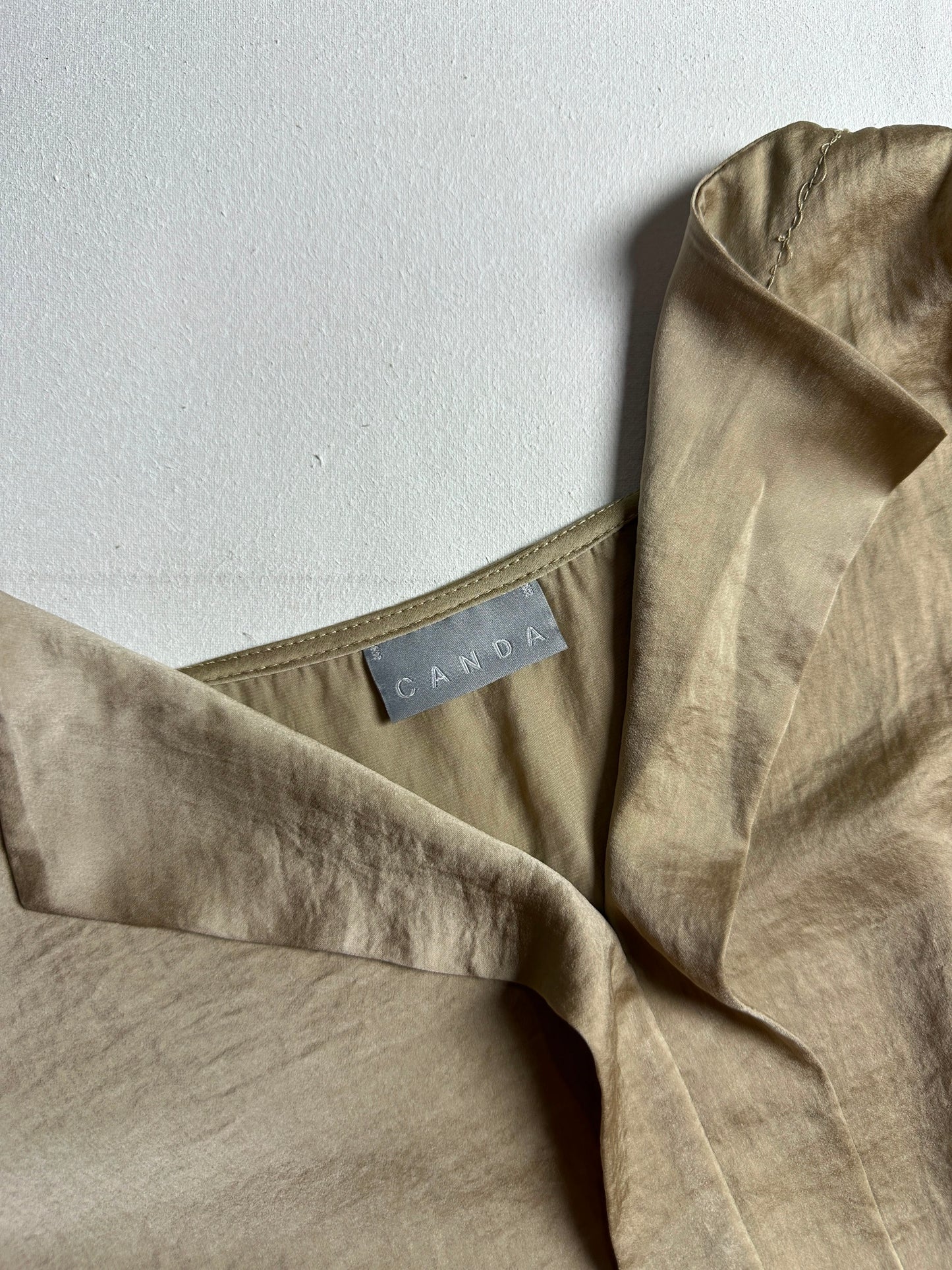 Champagne Beige Satin Open-Collar Long-Sleeve Blouse