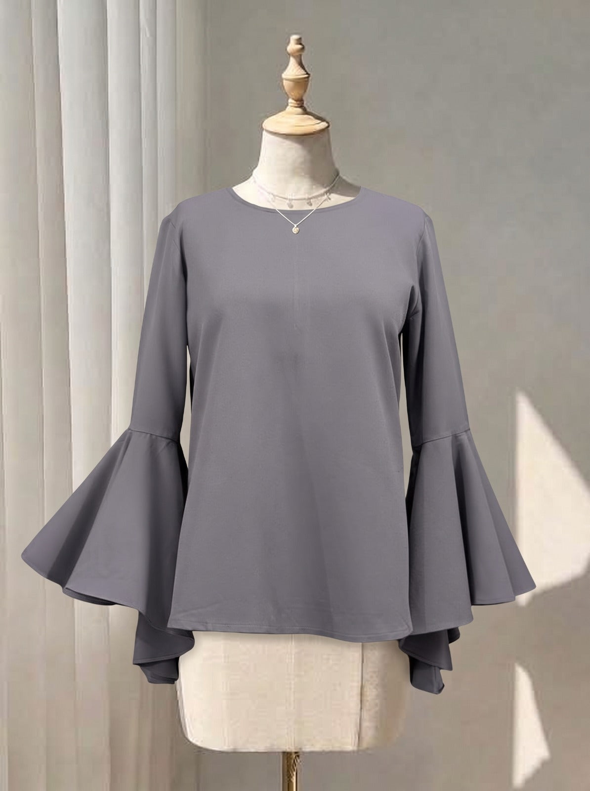 Slate Gray Bell Sleeve Blouse with Flared Cuffs
