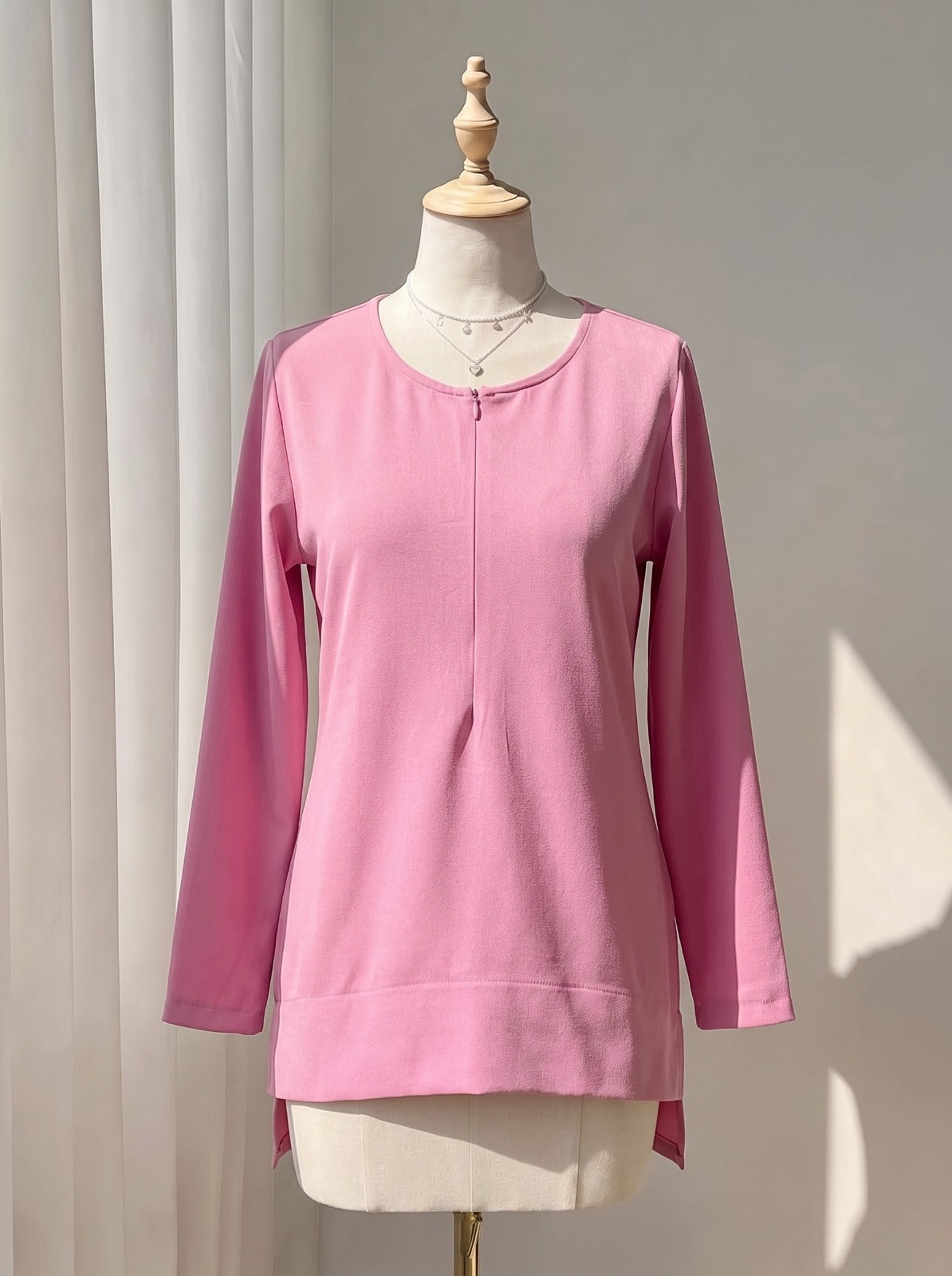 Pink Crewneck Long Sleeve Blouse – Front Pleat Step Hem Tunic Top