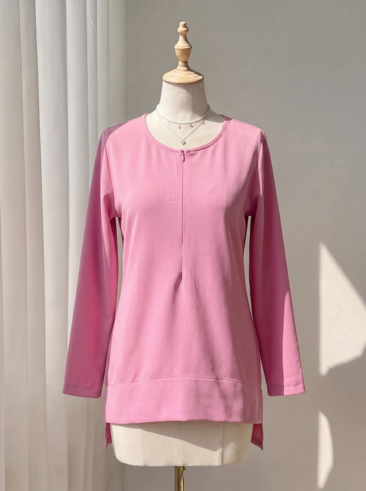 Pink Crewneck Long Sleeve Blouse – Front Pleat Step Hem Tunic Top