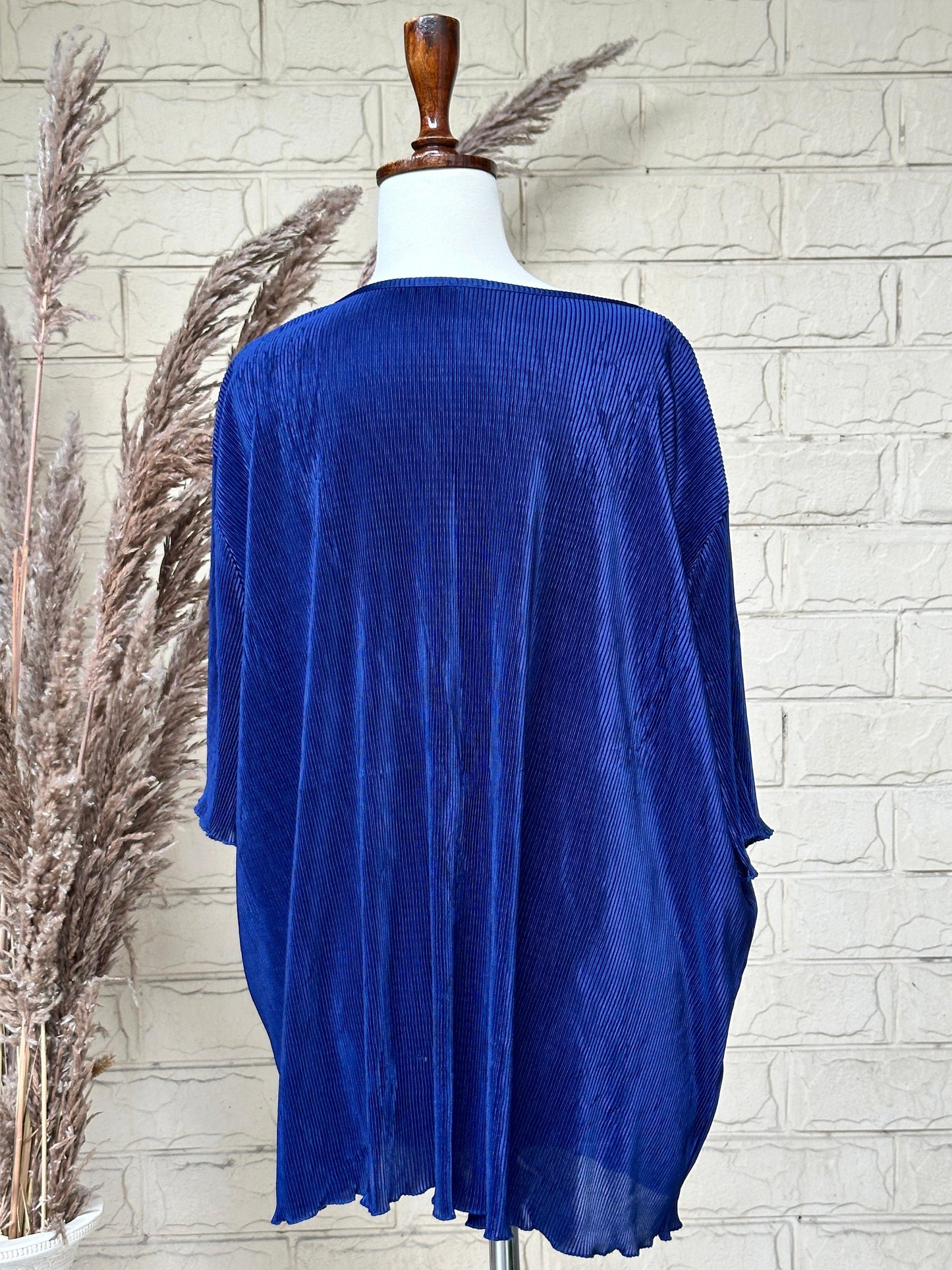 Electric Blue Fine-Pleated Boatneck Blouse