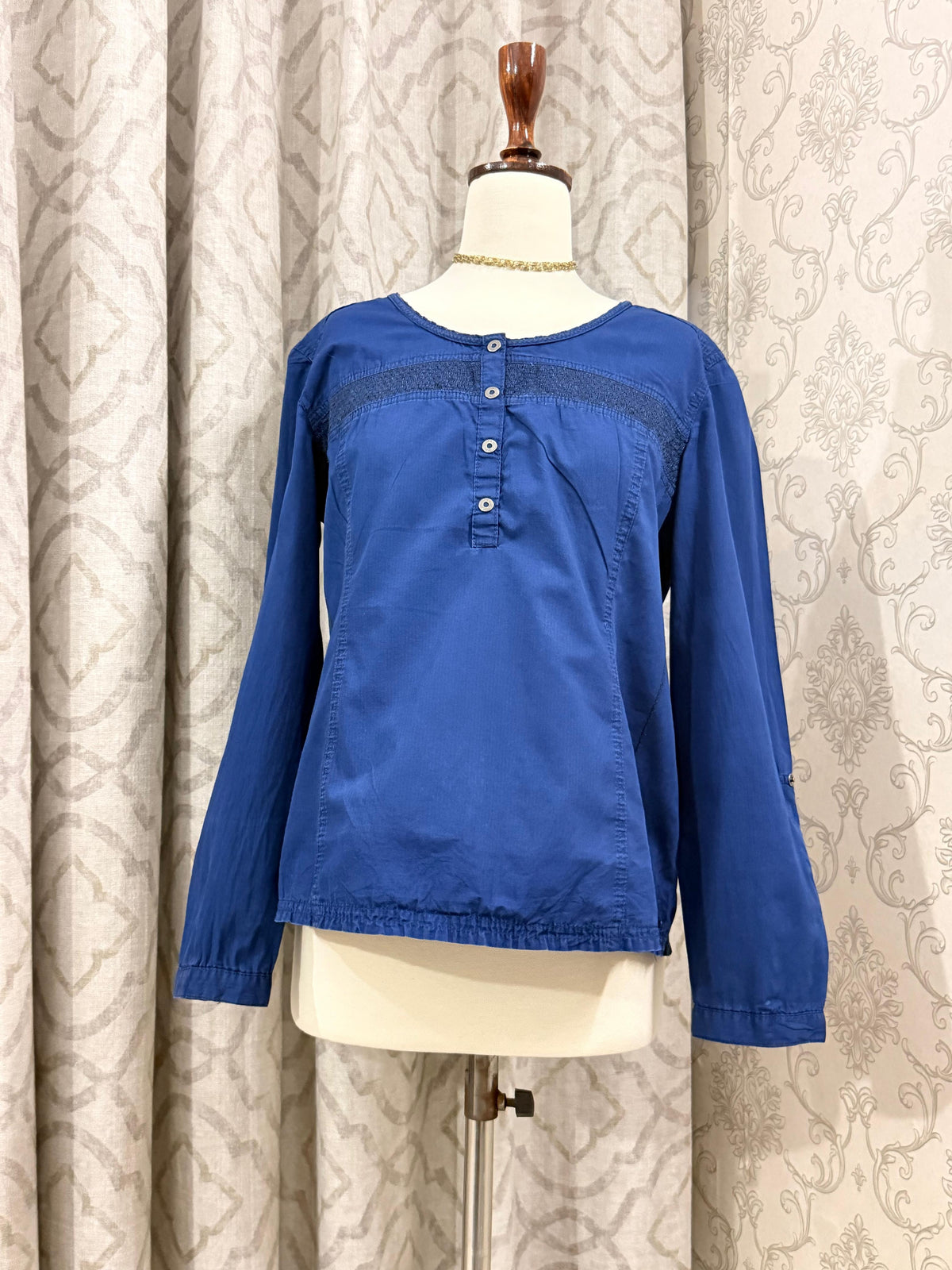 Royal Blue Long Sleeve Henley Top – Smocked Yoke Elastic Hem