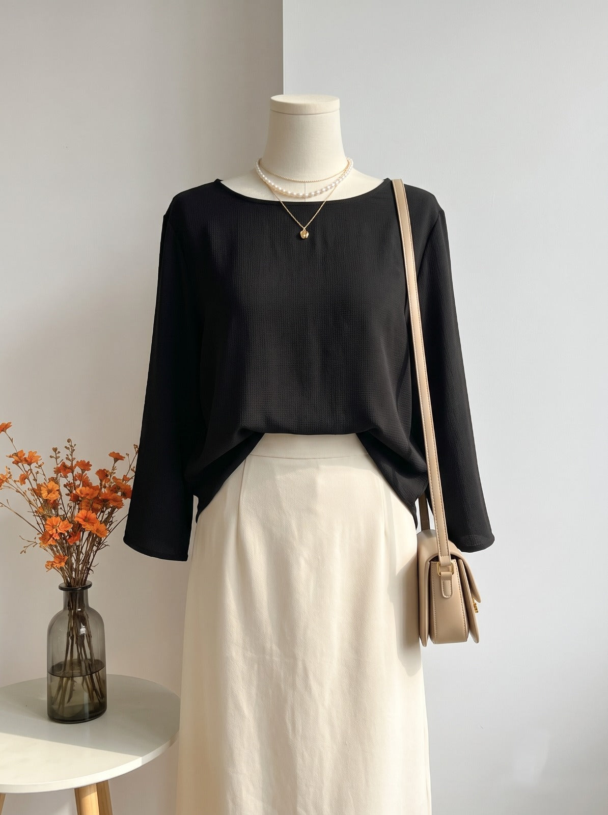 Black Textured Boatneck Long-Sleeve Blouse