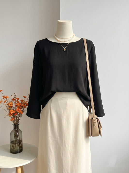 Black Textured Boatneck Long-Sleeve Blouse