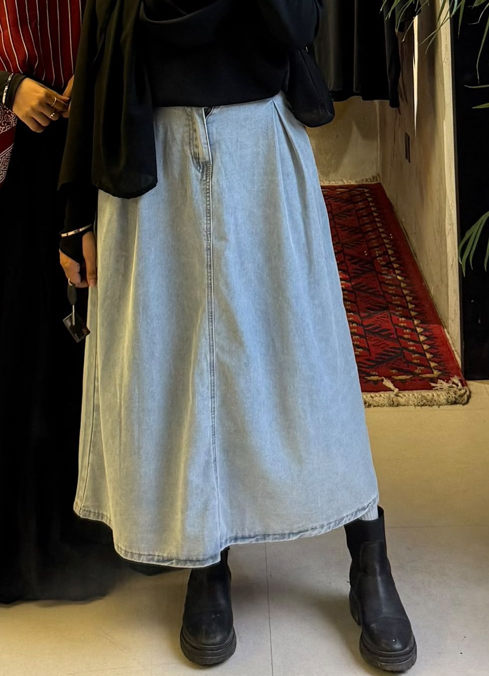 Light Blue A-Line Pleated Denim Maxi Skirt - High Rise