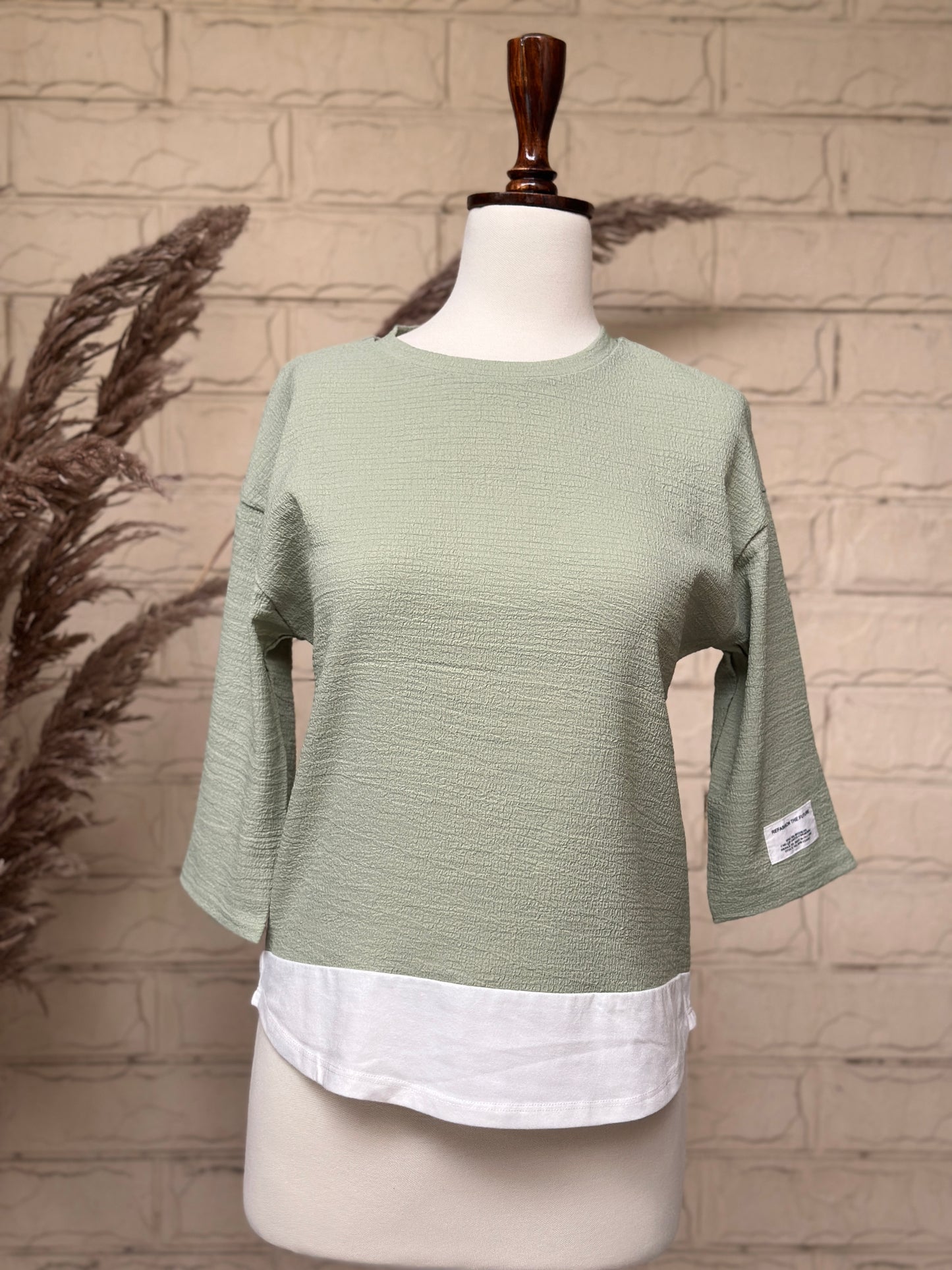 Sage Green Crinkle-Textured Layered 3/4 Sleeve Top