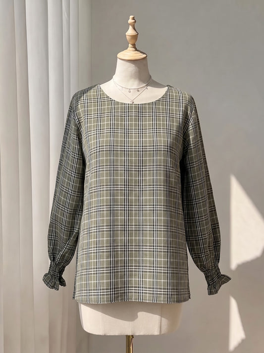 Olive Sage Plaid Long Sleeve Blouse – Smocked Ruffle Cuffs Crewneck Top