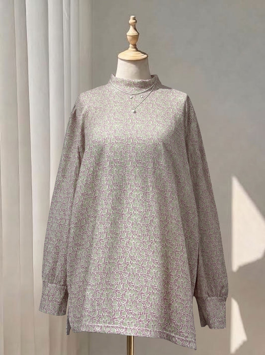 Vintage Floral Mock Neck Blouse – Loose Fit Long Sleeve Tunic