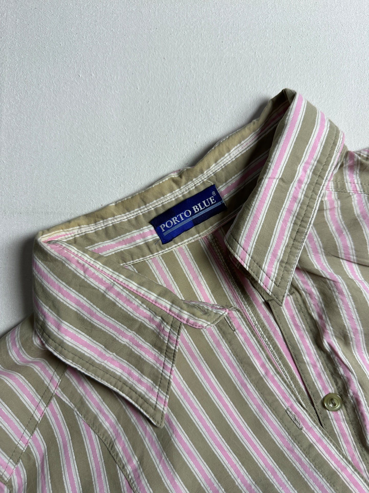 Beige Vertical Stripe Safari-Style Short-Sleeve Blouse