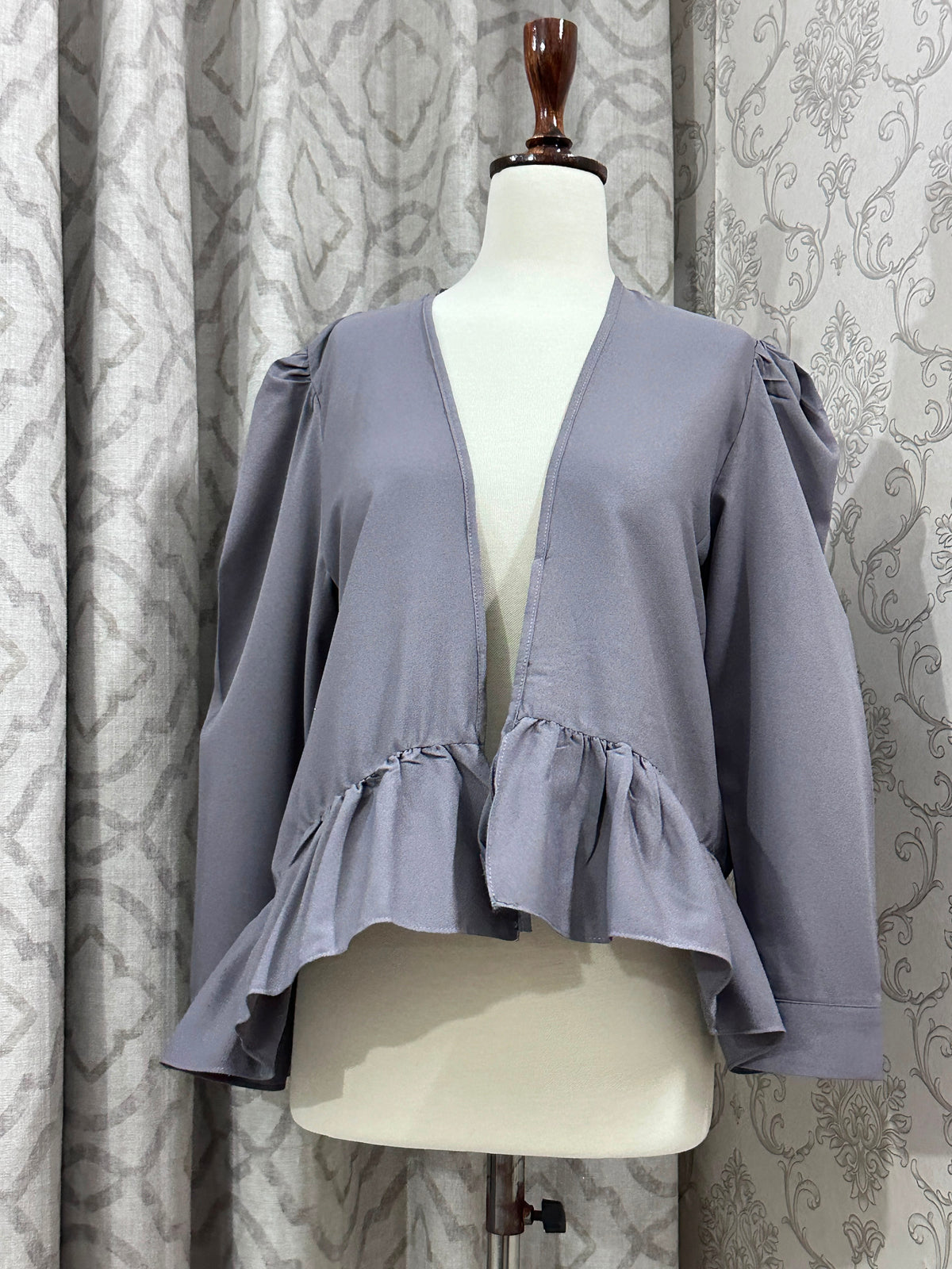 Slate Grey Open-Front Tie Top – Puff Long Sleeve Ruffle Peplum