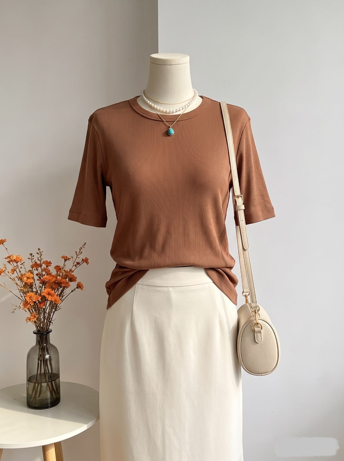 Chestnut Brown Ribbed Half-Sleeve Crewneck Top