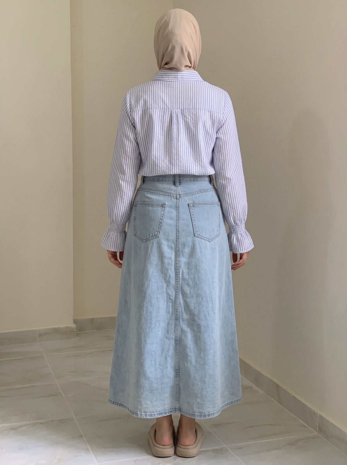 Light Blue A-Line Pleated Denim Maxi Skirt - High Rise