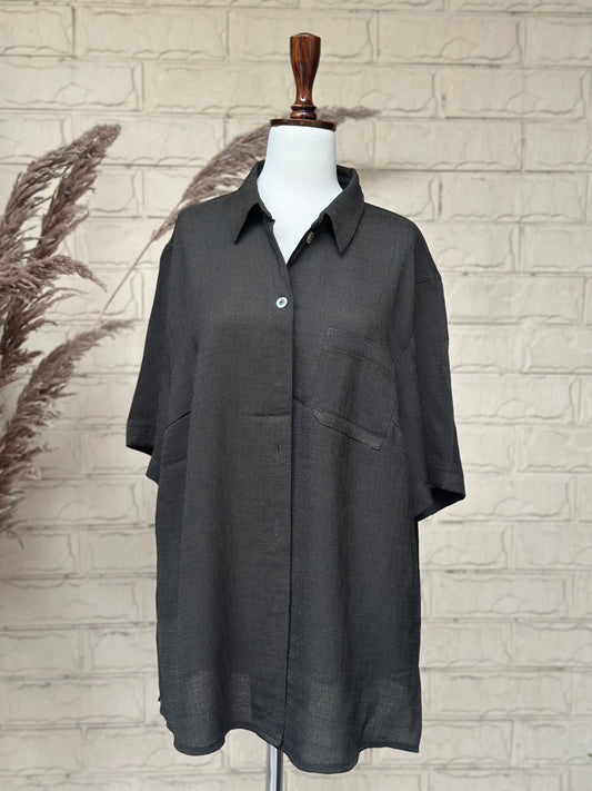 Relaxed Fit Deep Green Pocket Short-Sleeve Blouse