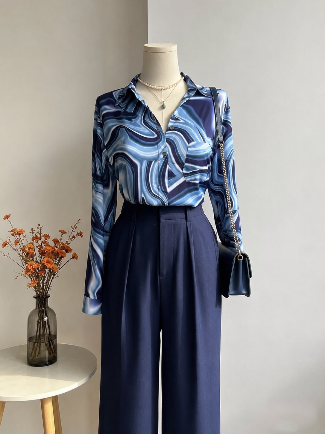 Ocean Wave Marbled Satin Button-Up Shirt