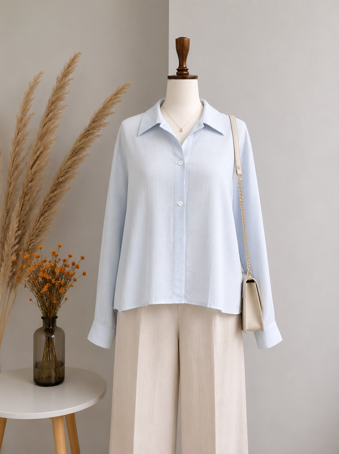 Ice Blue Textured Cotton Long-Sleeve Button-Down Shirt
