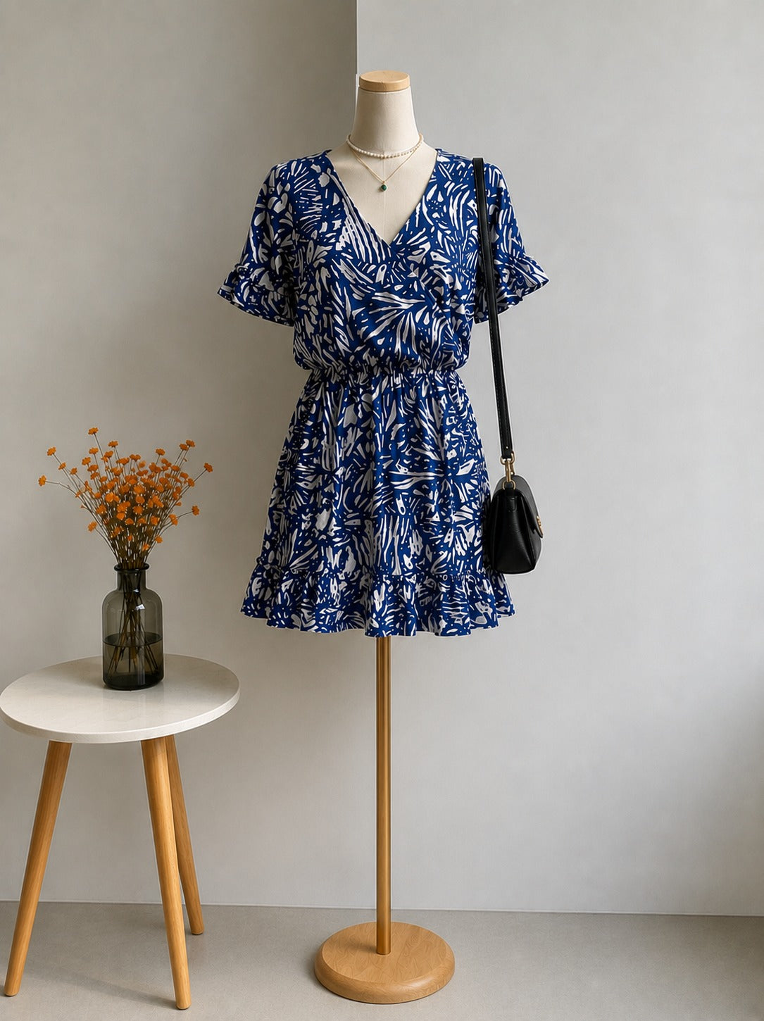 Cobalt Blue Abstract Botanical Wrap Dress