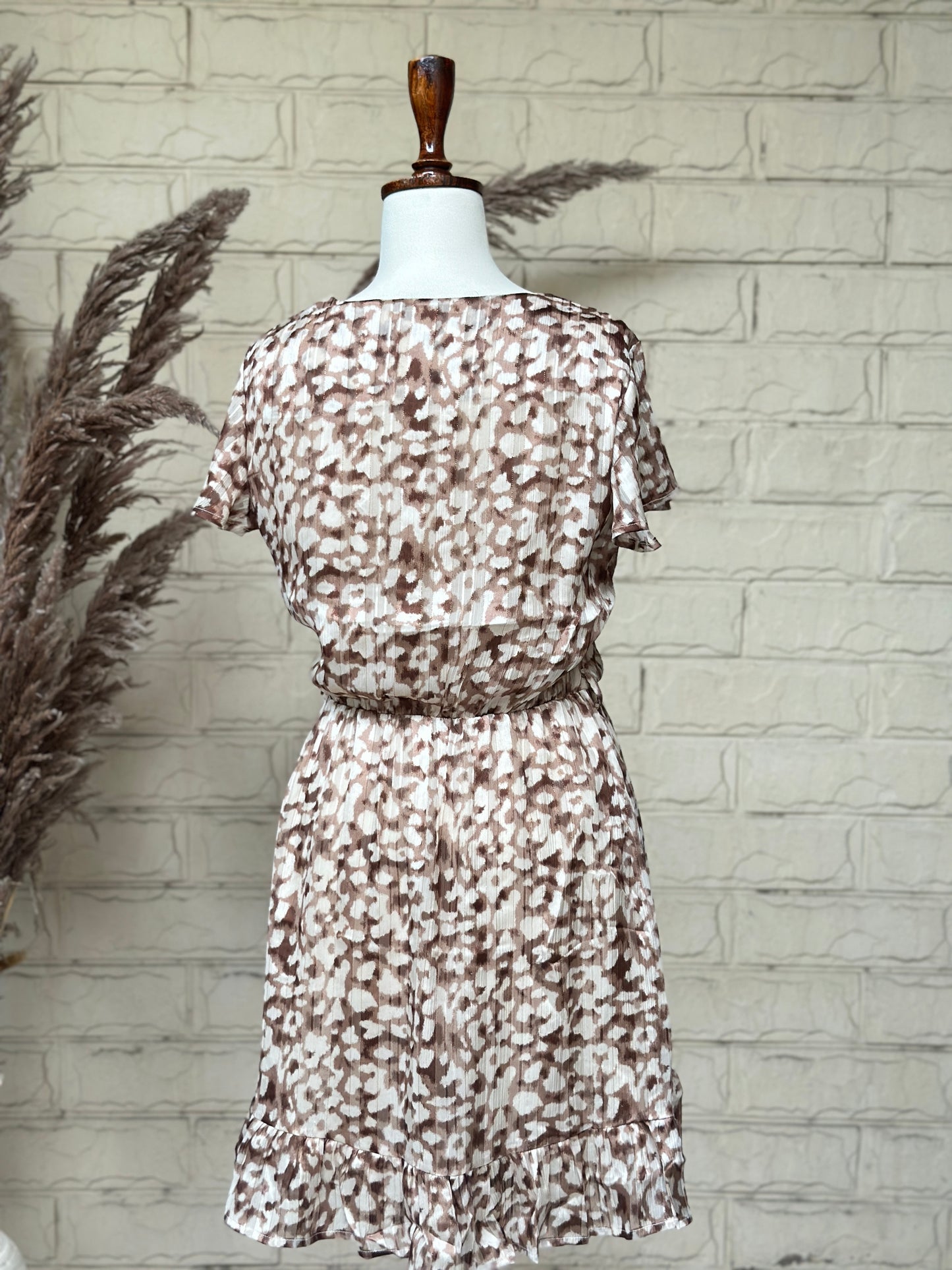 Brown Abstract Print Ruffle Wrap Dress