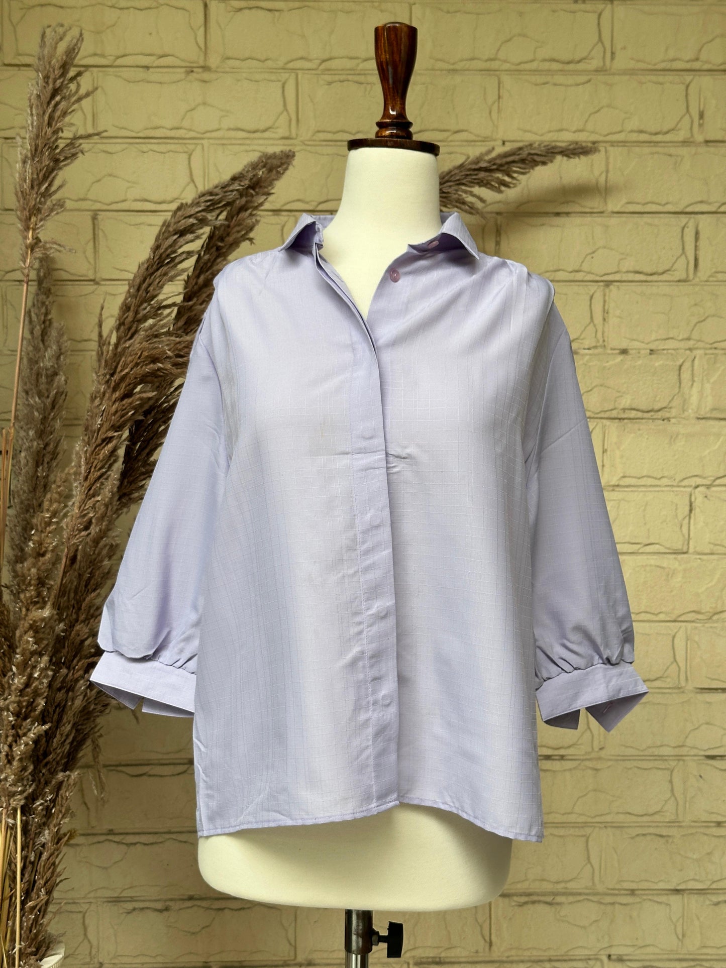 Lavender Seersucker Pinstripe Top with Gathered Shoulders
