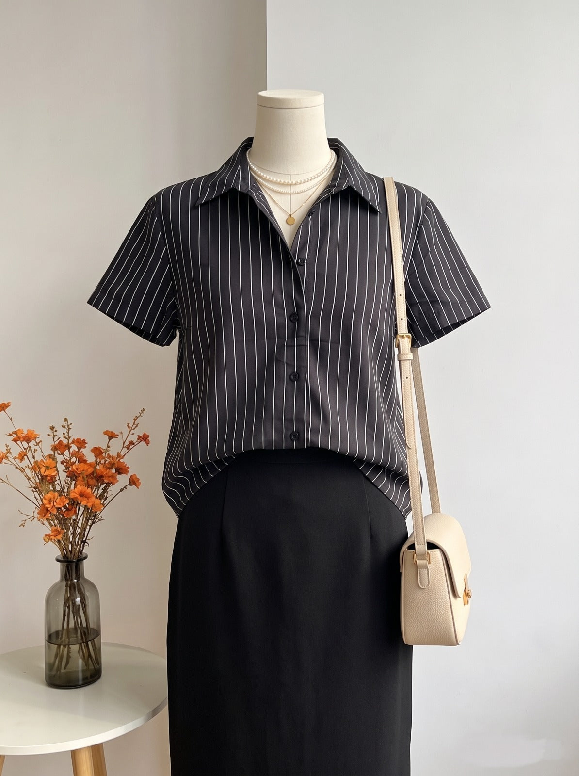 Classic Black Vertical Stripe Short-Sleeve Office Top