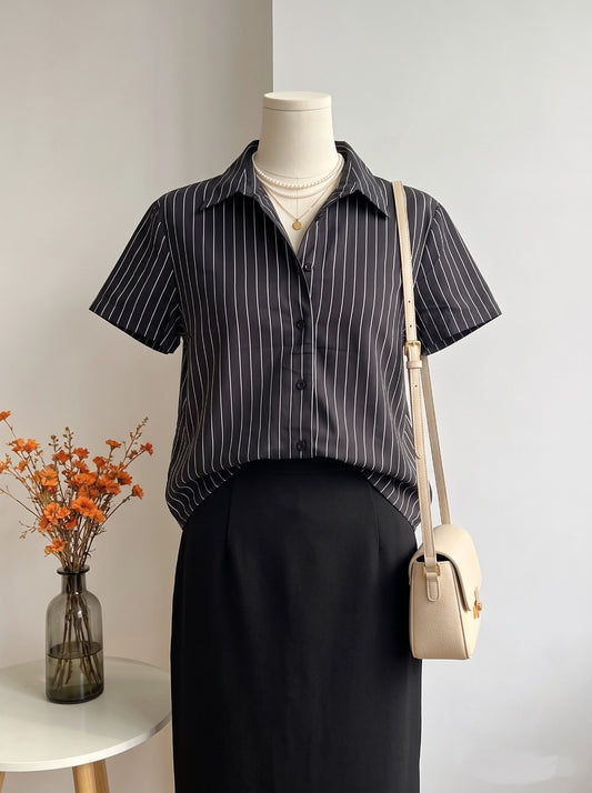 Classic Black Vertical Stripe Short-Sleeve Office Top
