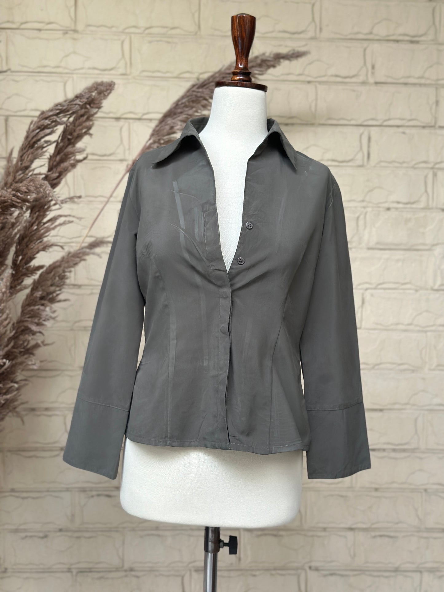 Charcoal Grey Satin Long-Sleeve Button-Down Shirt